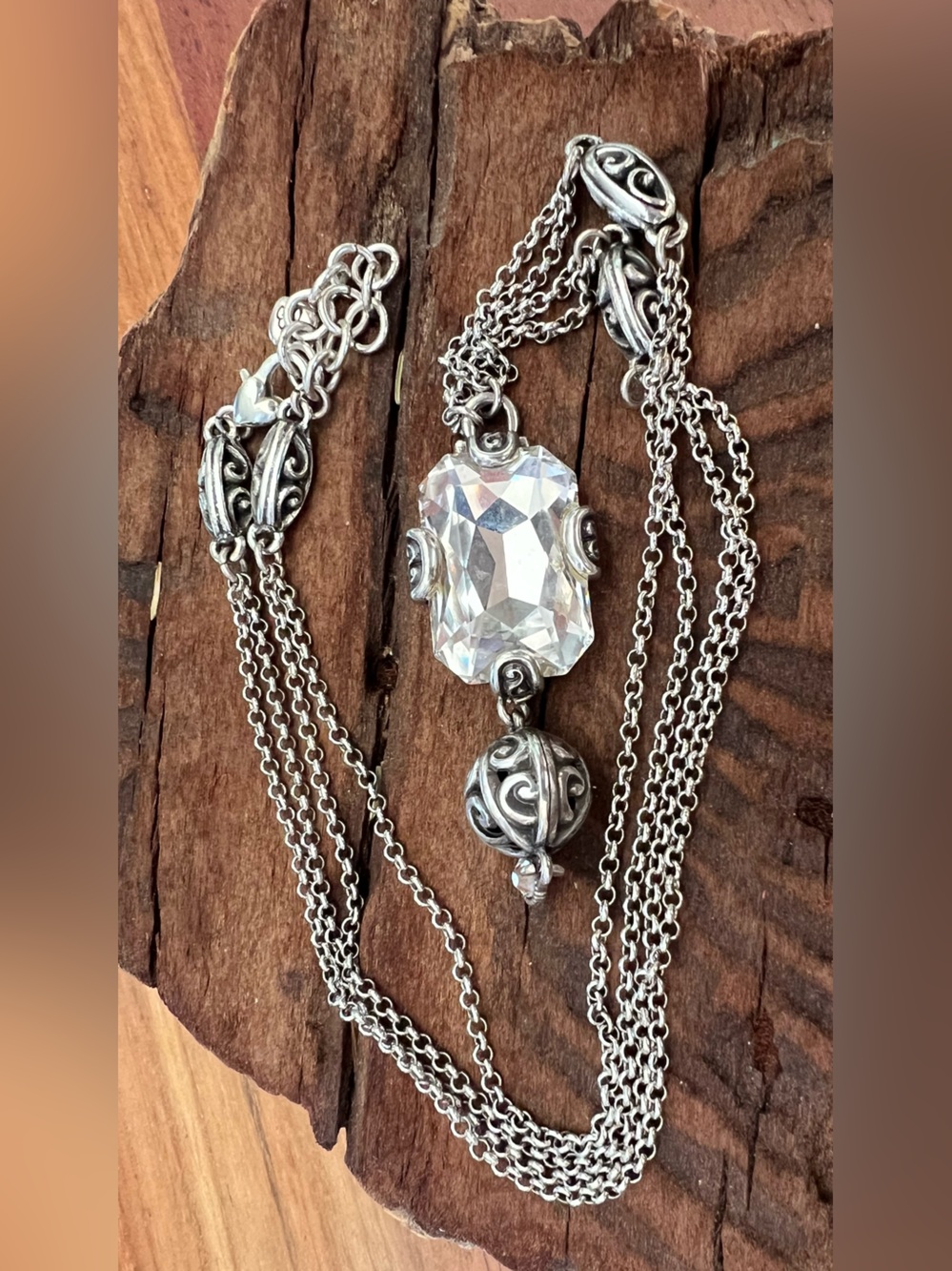 Brighton Square Crystal Scroll Necklace Fine Silver Plated Double Chain Filigree